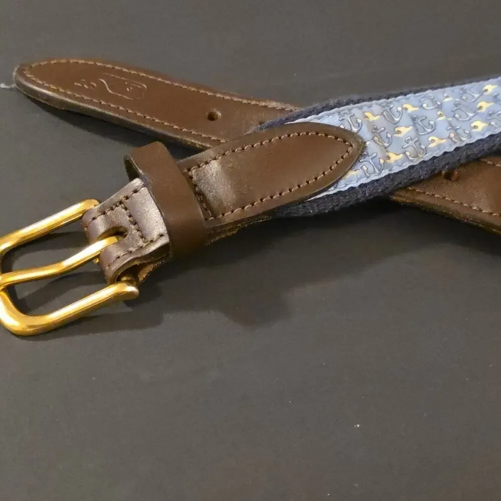 Vineyard Vines Boys 28 Club Belt Nautical Anchor Ribbon Brass Leather Canvas